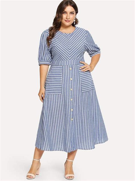 SHEIN Plus Dual Pocket Button Front Striped Dress | Striped dress, Plus ...