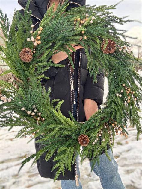 Winter Wreath Norfolk Pine Wreath With Pinecones and Gold Berries All Year Round Winter Wreath ...