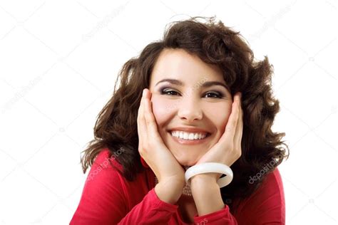 Beautiful young happy smiling woman with hands near her face — Stock ...