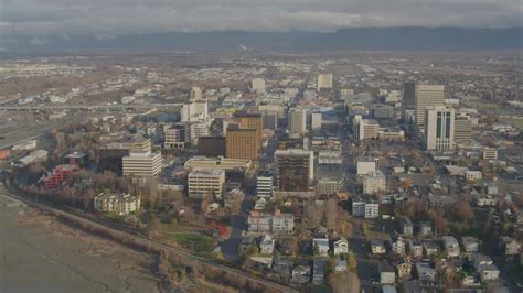 4K stock footage aerial video flying by Downtown buildings, Downtown Anchorage, Alaska Aerial ...