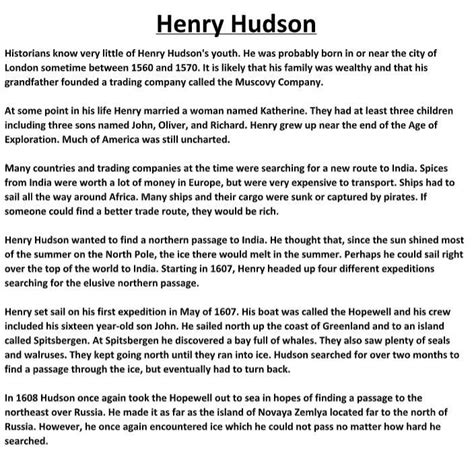 Henry Hudson Biography and Assignment | Henry hudson, Text evidence, Biography