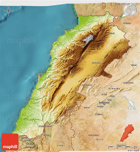 Physical 3D Map of Lebanon, satellite outside