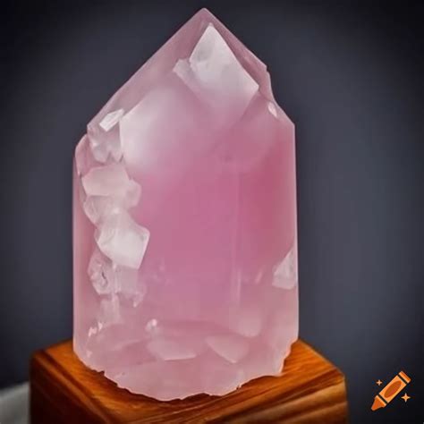 Rose quartz crystal on mahogany stand on Craiyon