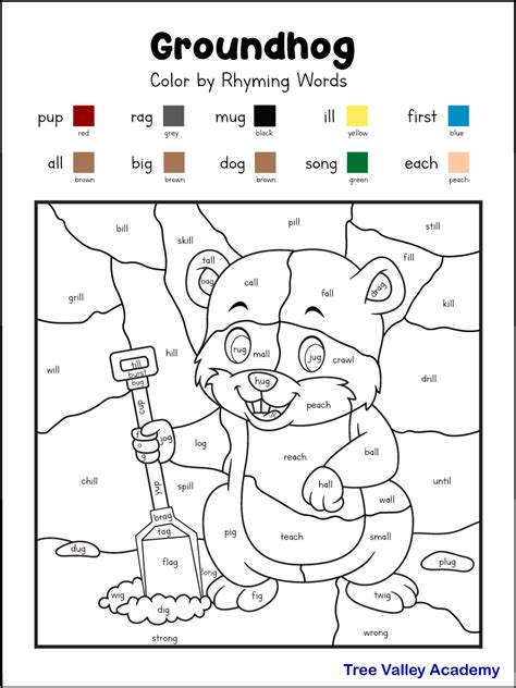 Groundhog Day Coloring Rhyming Worksheets for 1st Grade