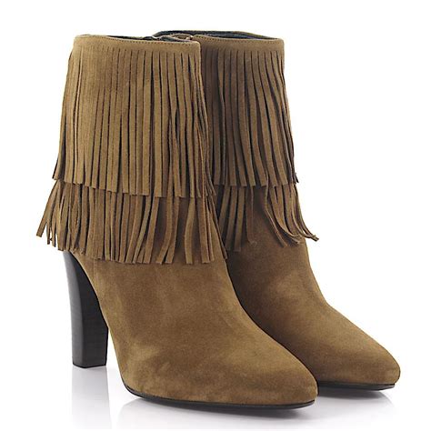 Saint Laurent High Heel Ankle Boots Suede Beige Fringe in Natural - Lyst