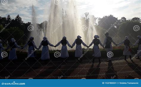 Serbian Folklore Dancing Around the Fountain in Beautiful Medical Spa Wellness Center Banja ...