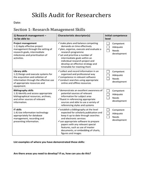 Skills Audit for Researchers Section 1: Research Management Skills