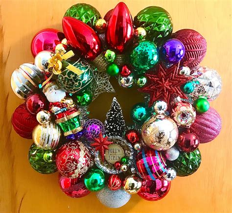 Bold vintage Christmas ornament wreath. Jewel tones, large ornaments Jeweled Christmas Trees ...