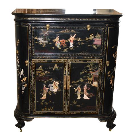 Antique 1930's Chinese Black Lacquer Liquor Cabinet Asian Bar | #1828056359