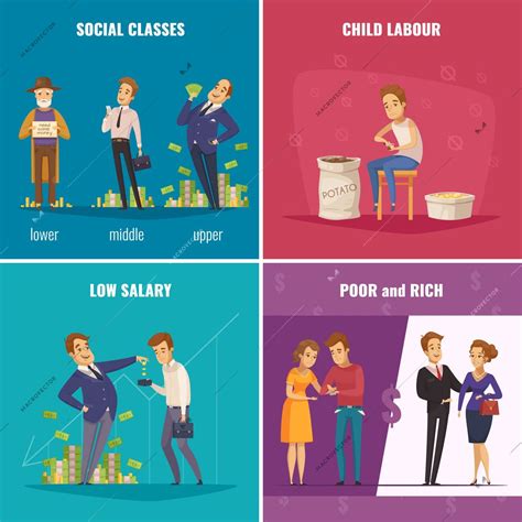 Poor and rich 2x2 design concept with social classes low salary child labour flat square icons ...