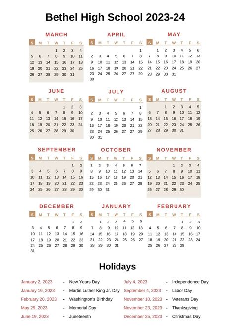 Bethel High School Calendar [BHS] 2023-24 With Holidays