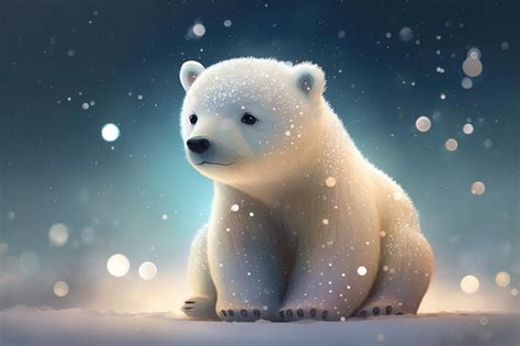 Lindo oso polar bebé dibujos animados de ensueño en la nieve invierno ...