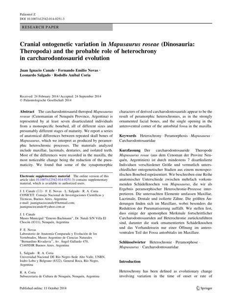 (PDF) Cranial ontogenetic variation in Mapusaurus roseae (Dinosauria: Theropoda) and the ...