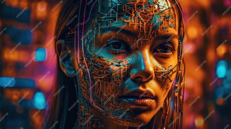 Premium AI Image | A woman with a glowing face and a circuit board on the front.