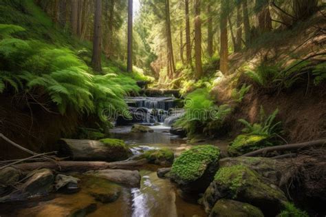 Forest Oasis, with Babbling Brook and Waterfall, Surrounded by Towering ...