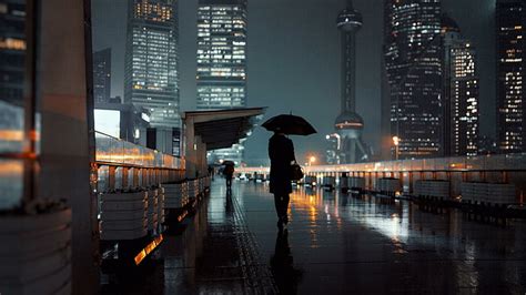 HD wallpaper: rain, rainy night, umbrella, silhouette, street view, wet, raining | Wallpaper Flare