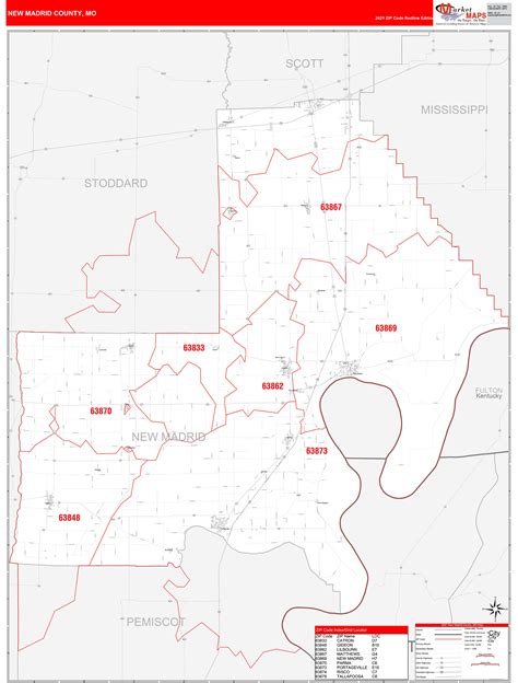 New Madrid County, MO Zip Code Wall Map Red Line Style by MarketMAPS