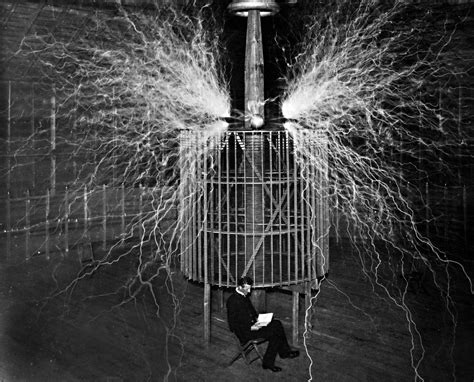 Tesla in front of his Extra Coil in Colorado Springs | Waveguide