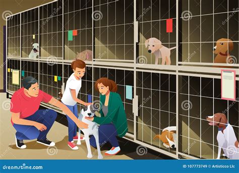 Family Adopting a Dog from Animal Shelter Stock Vector - Illustration ...