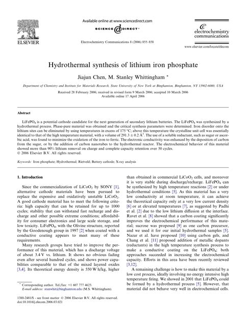 (PDF) The Hydrothermal Synthesis of Lithium Iron Phosphate