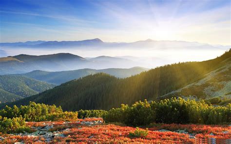 morning sunshine with fog-Beautiful mountain scenery picture-2560x1600 Download | 10wallpaper.com