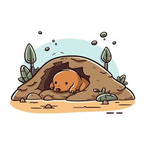 Vector illustration of a brown bear in a cave. Cute cartoon style ...