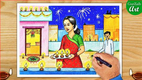 How to happy Draw Diwali celebrations scenery drawing || Indian ...