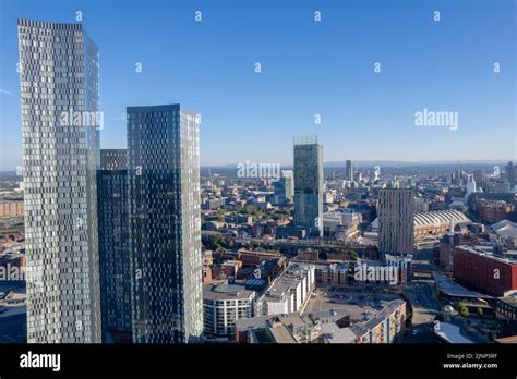 Manchester City Centre Drone Aerial View Above Building Work Skyline Construction Blue Sky ...