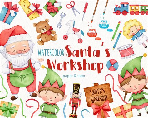 Watercolor Christmas Santa's Workshop Clipart Graphics - Etsy UK