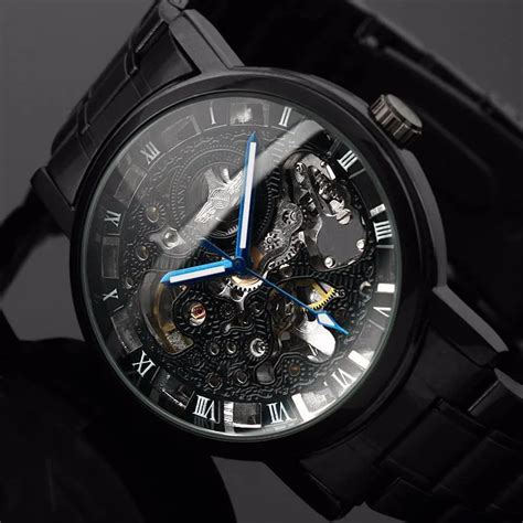 New Black Men's Skeleton WristWatch Stainless steel Antique Steampunk Casual Automatic Skeleton ...