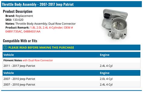 2007-2017 Jeep Patriot Throttle Body - Replacement 133-020 - - PartsGeek.com