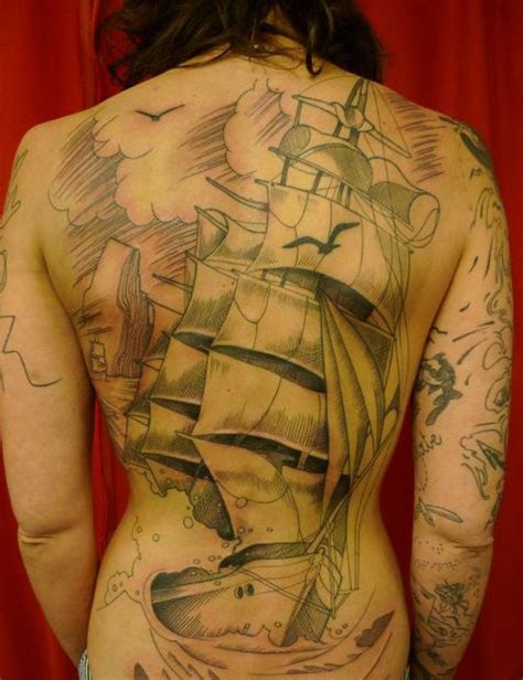 Illustrative style colored whole back tattoo of big sailing ship - Tattooimages.biz