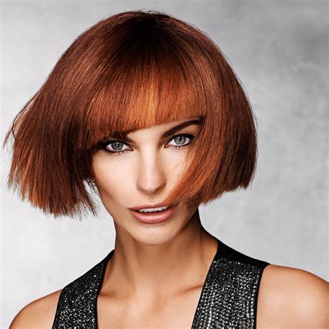 Short bob with a diagonal fringe and highlights