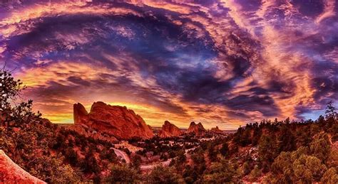 Panorama of sunrise @ Garden of the Gods | Sunset today, Monument valley, Natural landmarks