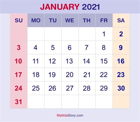 January Printable Calendar 2021 | Free Letter Templates