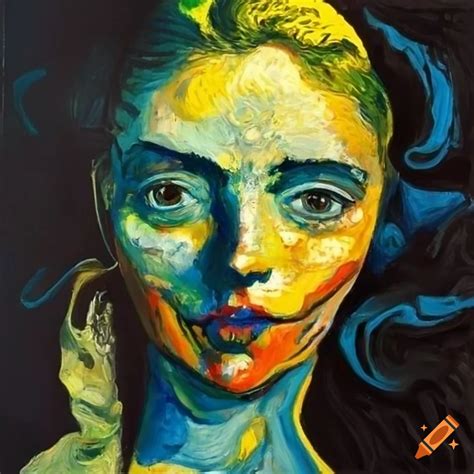 Surrealistic van gogh-style painting of a woman with blue, green, and ...