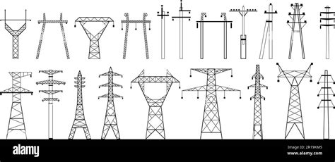 Electric pylon silhouette. High voltage electric line, power transmission pole types and energy ...