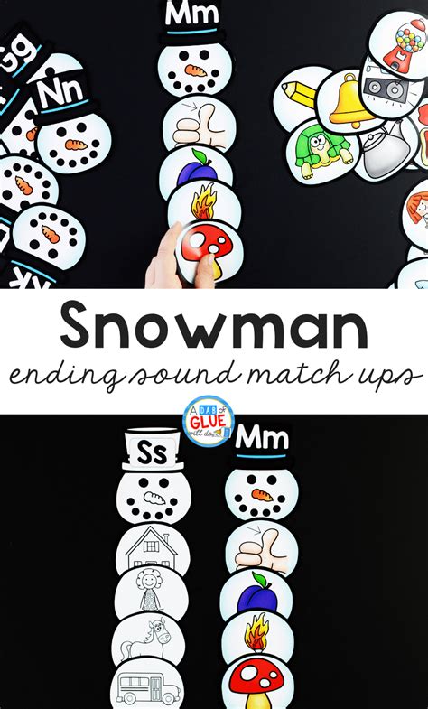 Snowman Ending Sound Match-Up - A Dab of Glue Will Do | Kindergarten activities, Kindergarten ...