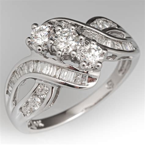 Three Stone Diamond Ring w/ Baguette Accents 14K White Gold