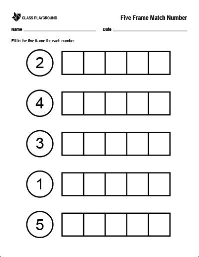 Printable Five Frame Match Number | Math worksheets, Kindergarten worksheets, Numbers kindergarten