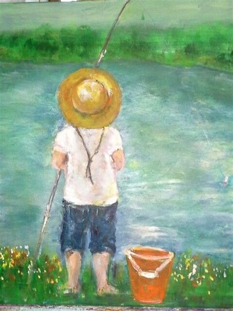 Vibrant Acrylic Painting of a Little Boy Fishing