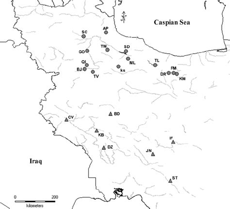 Map of Iran with main rivers. Gray circles and triangles represent the ...