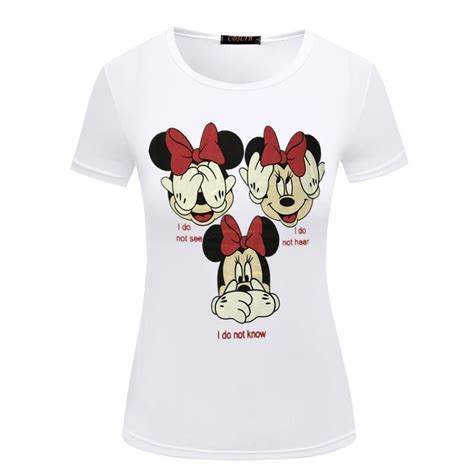 Sensfun Fashion White Novelty Summer Woman Girl T Shirt Mickey Mouse Solid Color Cotton Tee ...