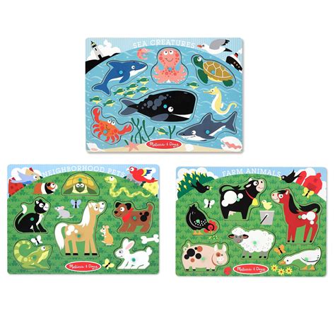 Melissa Doug Animals Wooden Peg Puzzles Set - Farm, Pets, and Ocean | eBay