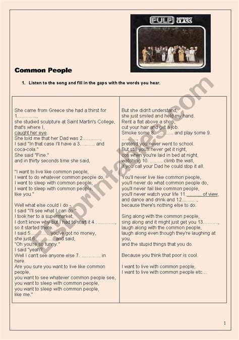 Song: COMMON PEOPLE - ESL worksheet by alosadap