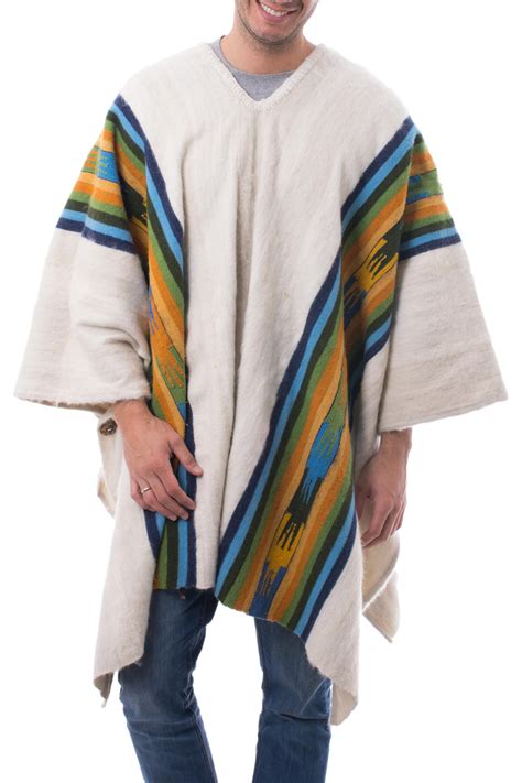 Handcrafted Peruvian Men's 100% Alpaca Wool Poncho - Snowy Peak | NOVICA