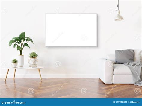 Frame Hanging in Bright White Living Room with Plants and Decorations Mockup 3D Rendering Stock ...