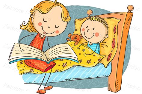 Bedtime story, mother reading to child - cartoon family clipart