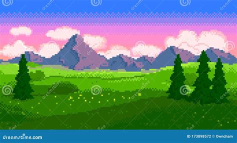 Pixel Sunset Landscape with Fields and Mountains Stock Vector - Illustration of natural, bright ...