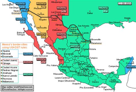 Mexico time zones map - Local Time in Mexico, Husos horarios de Mexico ...